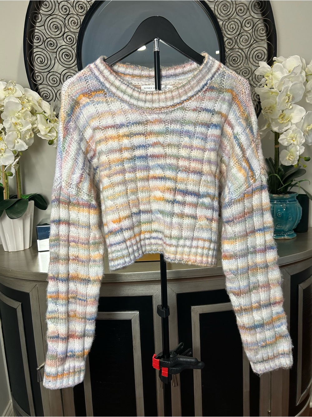 Altar'd State Pastel Multicolor Striped Cropped Crewneck Sweater